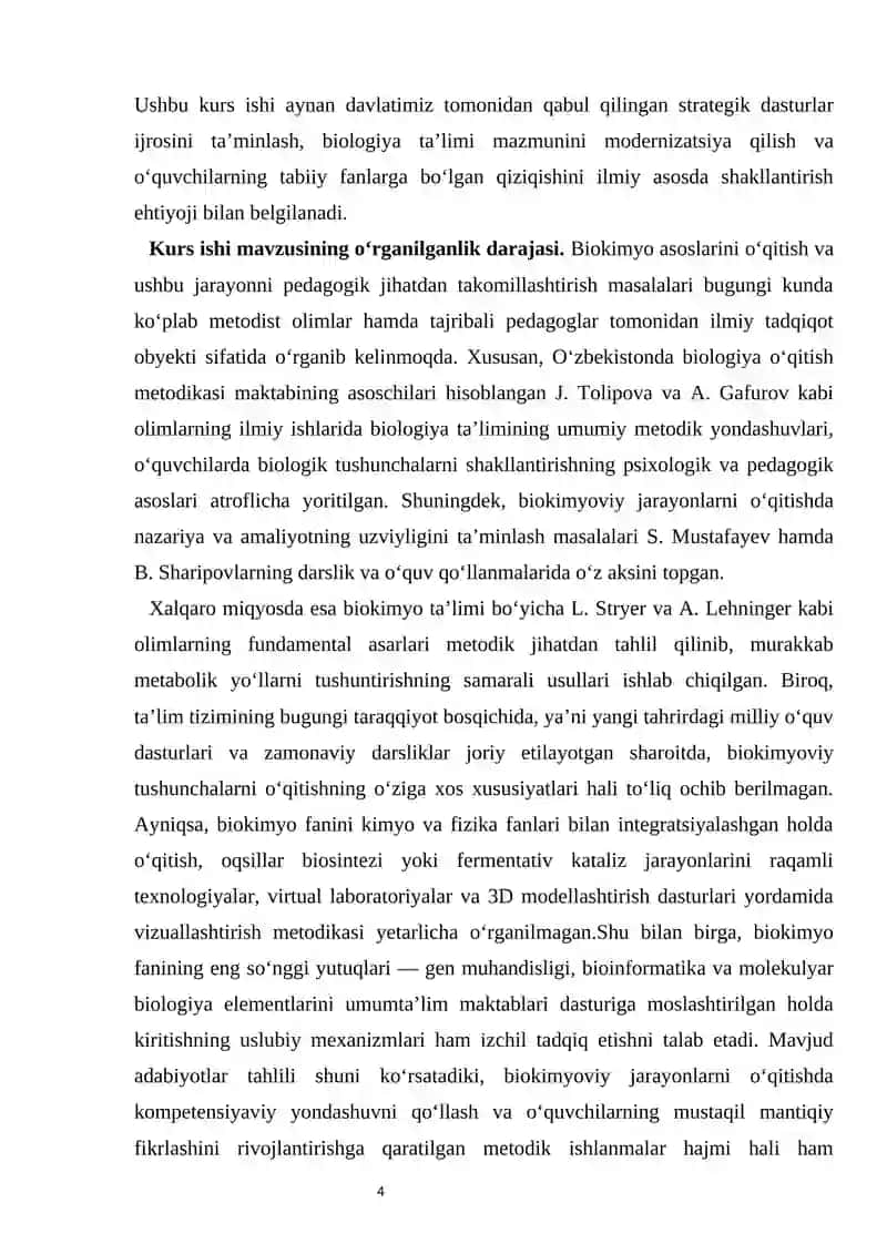 BIOKIMYO ASOSLARINI O‘QITISH METODIKASI kurs ishi 4
