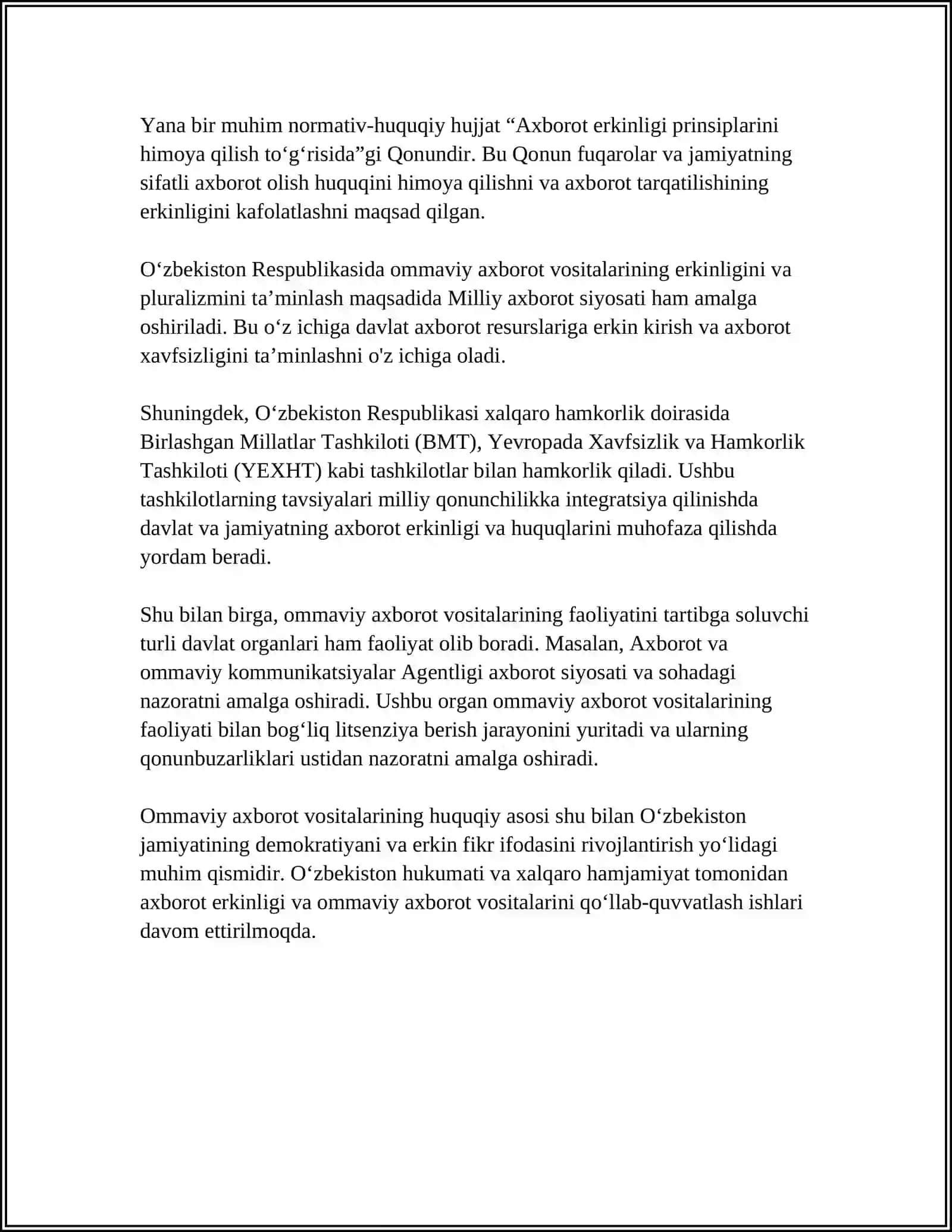 O‘zbekiston Respublikasida Ommaviy Axbarot Vositalarining Faoliyati 4