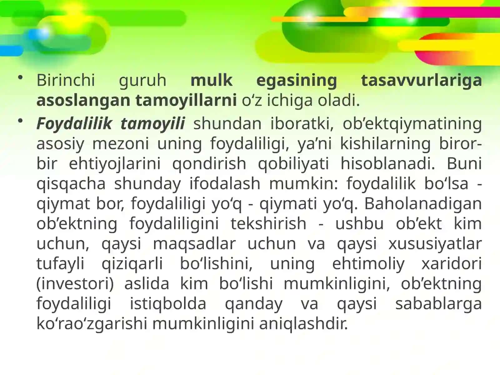 MULK QIYMATINI BAHOLASHNING PRINSIPLARI, MAQSADLARI, YONDASHUV VA USULLARI 4