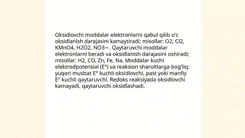 Oksidlanish-qaytarilish reaksiyalaring turlari va ahamiyati 4