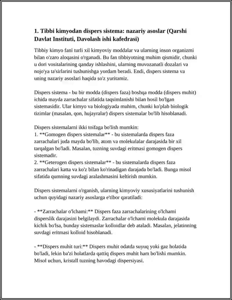 Tibbiy Kimyodan Dispers Sistema: Nazariy Asoslar 4