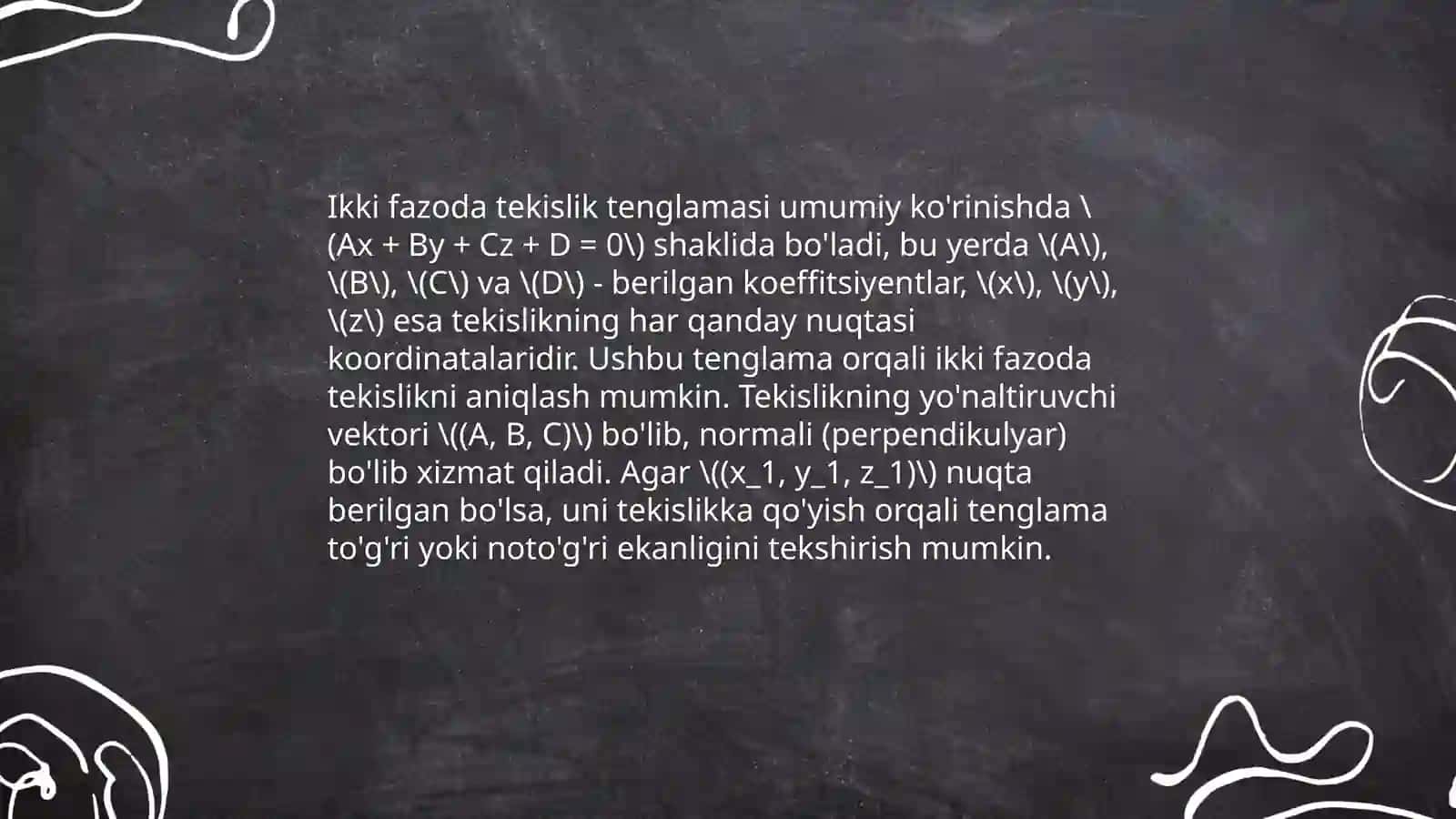 Fazoda tekislik va to'g'ri chiziq tenglamalar 4
