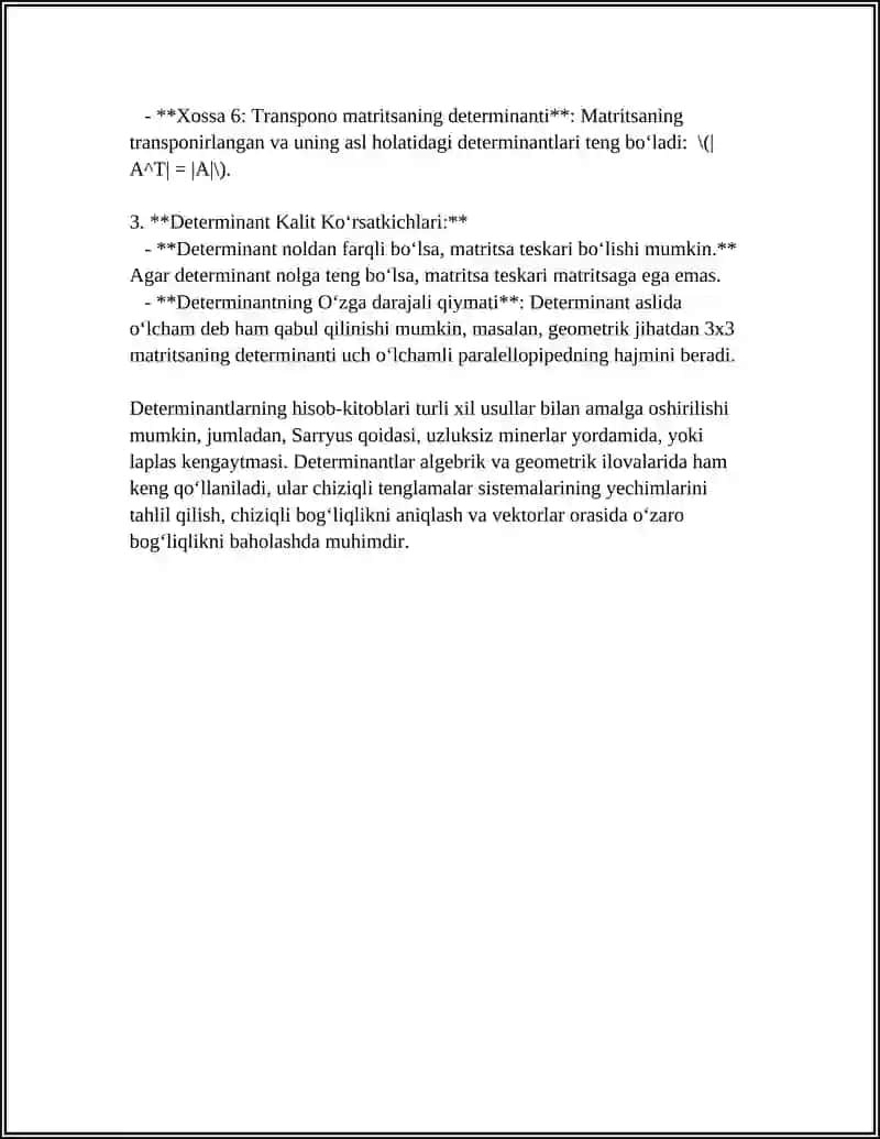 DETERMINANTNING ASOSIY XOSSALARI 4
