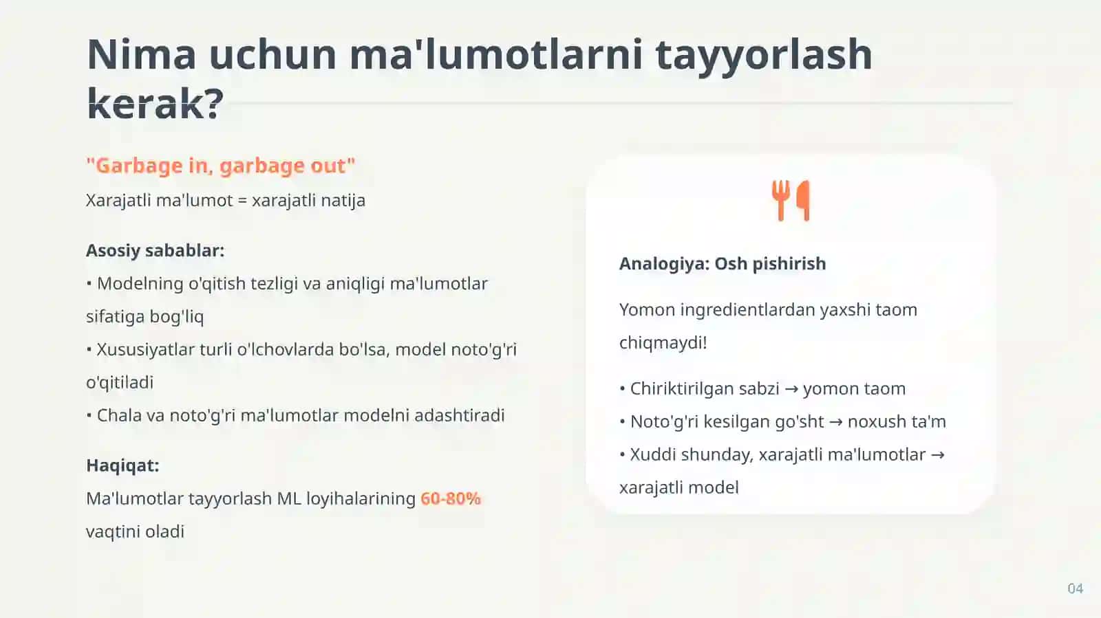 Mashinali o'rganish uchun ma'lumotlarni tayyorlash 4