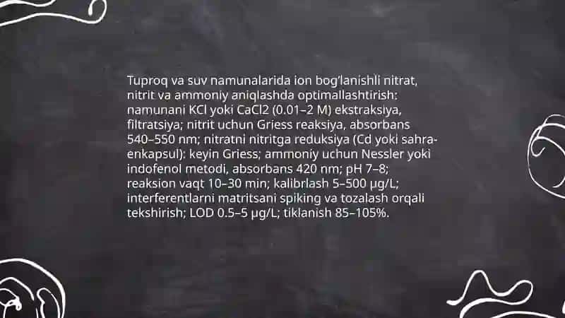 Tuproq va suvdagi ion bogʻlanishli ifloslovchi moddalarni aniqlash 4