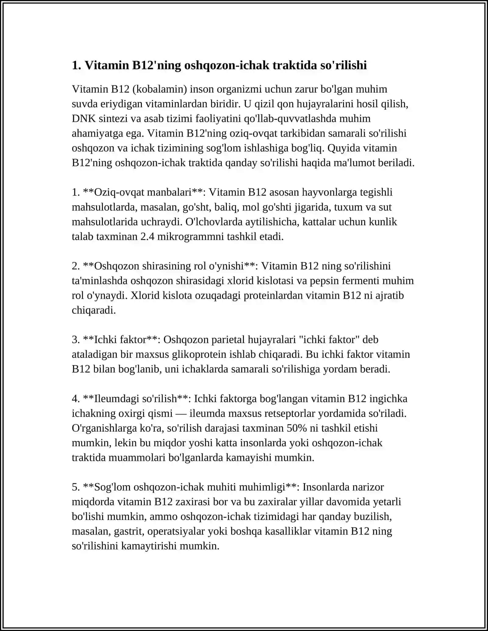 VITAMIN B12 VA FOLIY KISLOTASI: ULARNING OSHQOZON-ICHAK TRAKTIDA O'SIMLIK VA HAYVONOT MANBALARIDAN SO'RILISHI, ICHAK MIKROFLORASI TOMONIDAN SINTEZI 4
