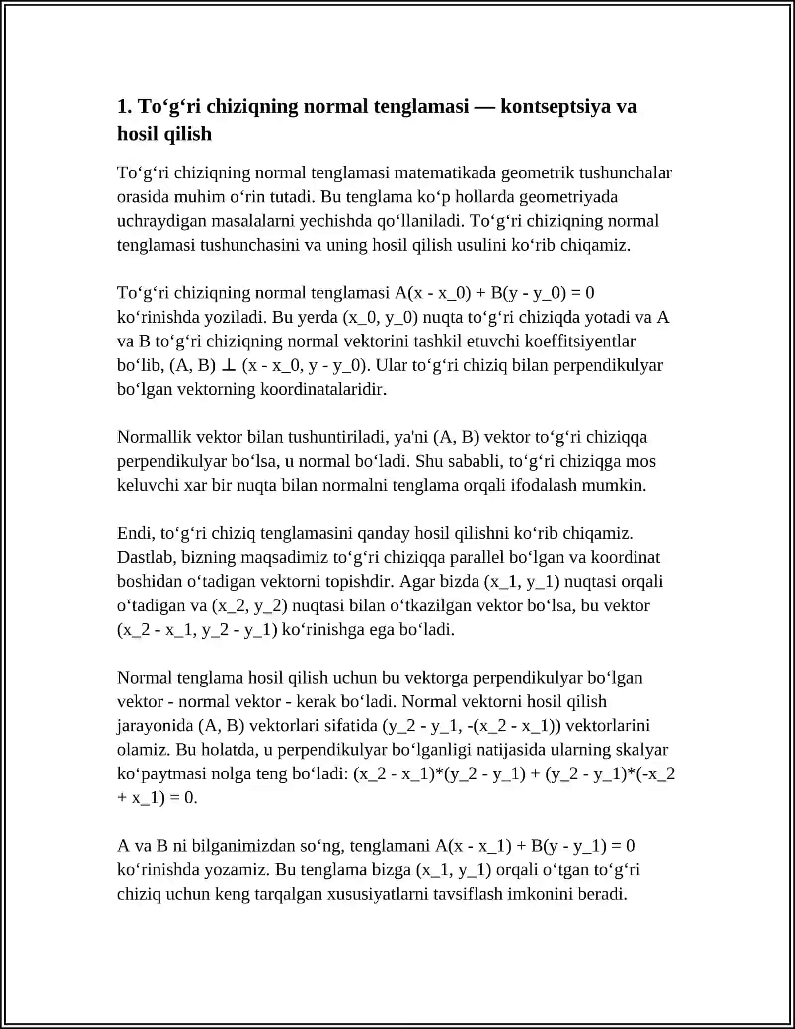 TOʻGʻRI CHIZIQ VA TEKISLIKNING NORMAL TENGLAMALARI. ULARNING TATBIQLARI 4