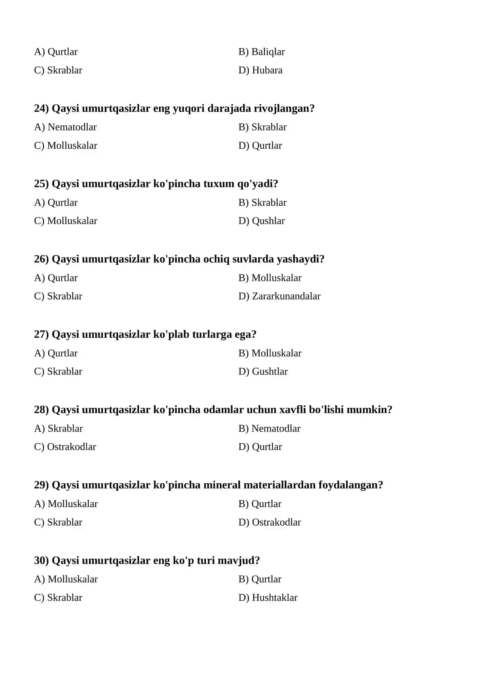 Umurtqasizlar zoolojiyasi (TEST) 4