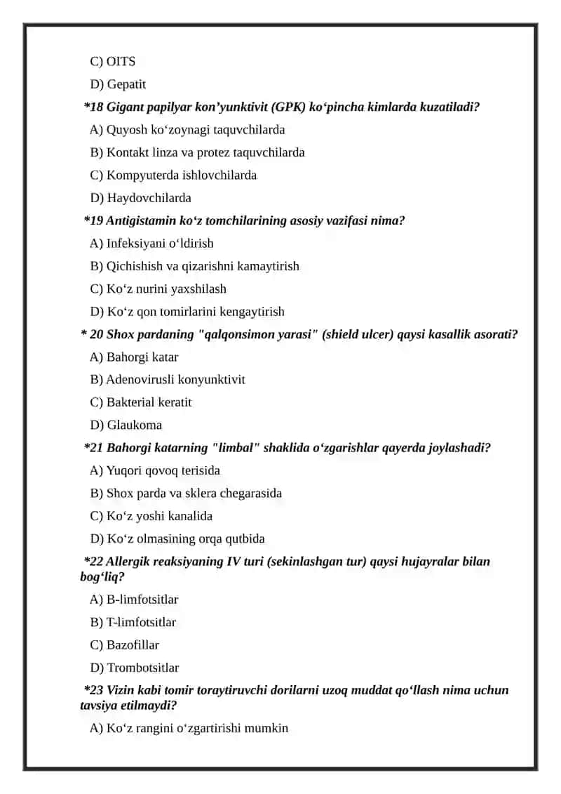 Koʻruv aʼzosining allergik kasalliklari boʻyicha test savollari 4