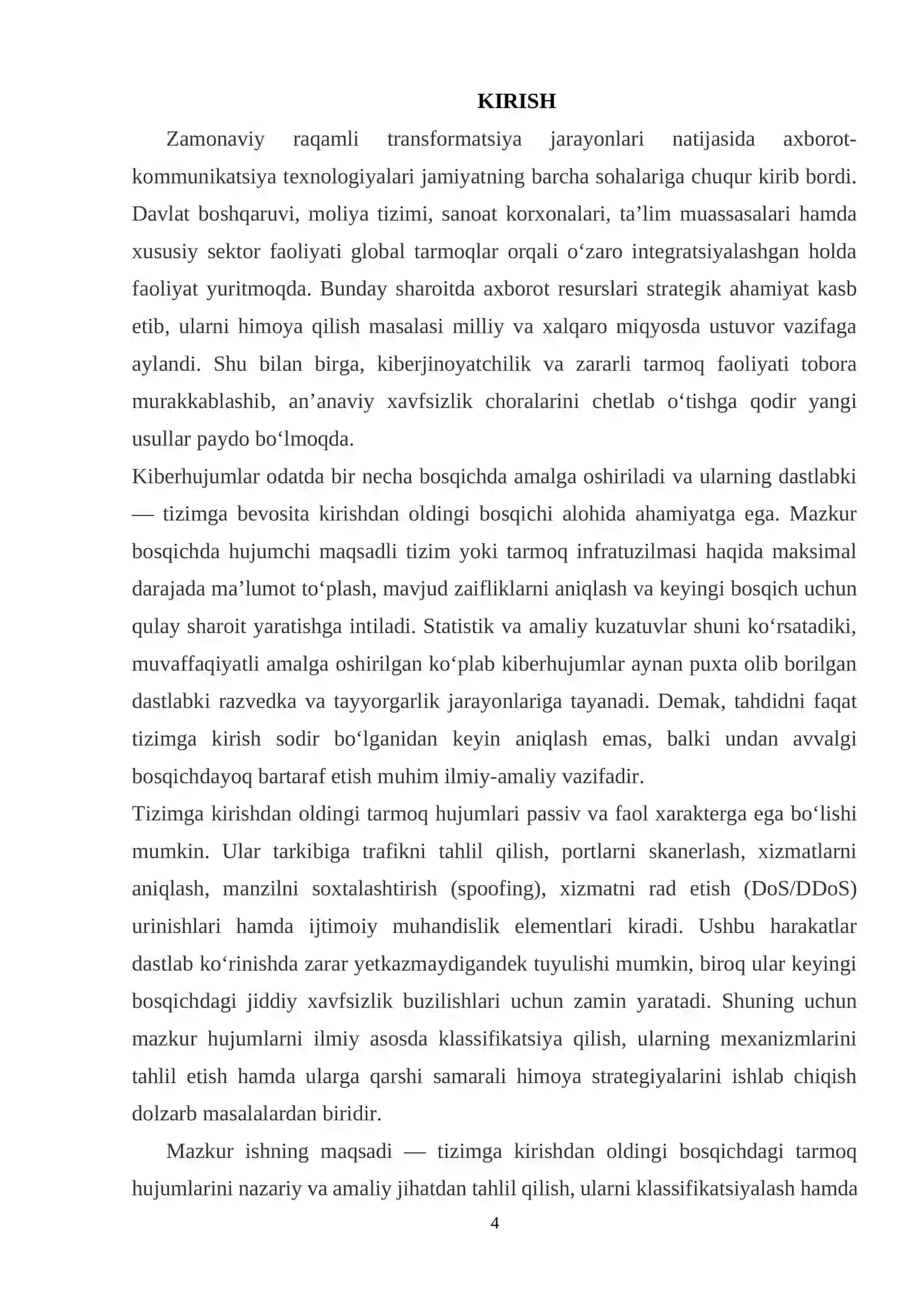 Tizimga kirishdan oldingi bosqichdagi tarmoq hujumlarining klassifikatsiyasi va ularga qarshi samarali himoya strategiyalari 4