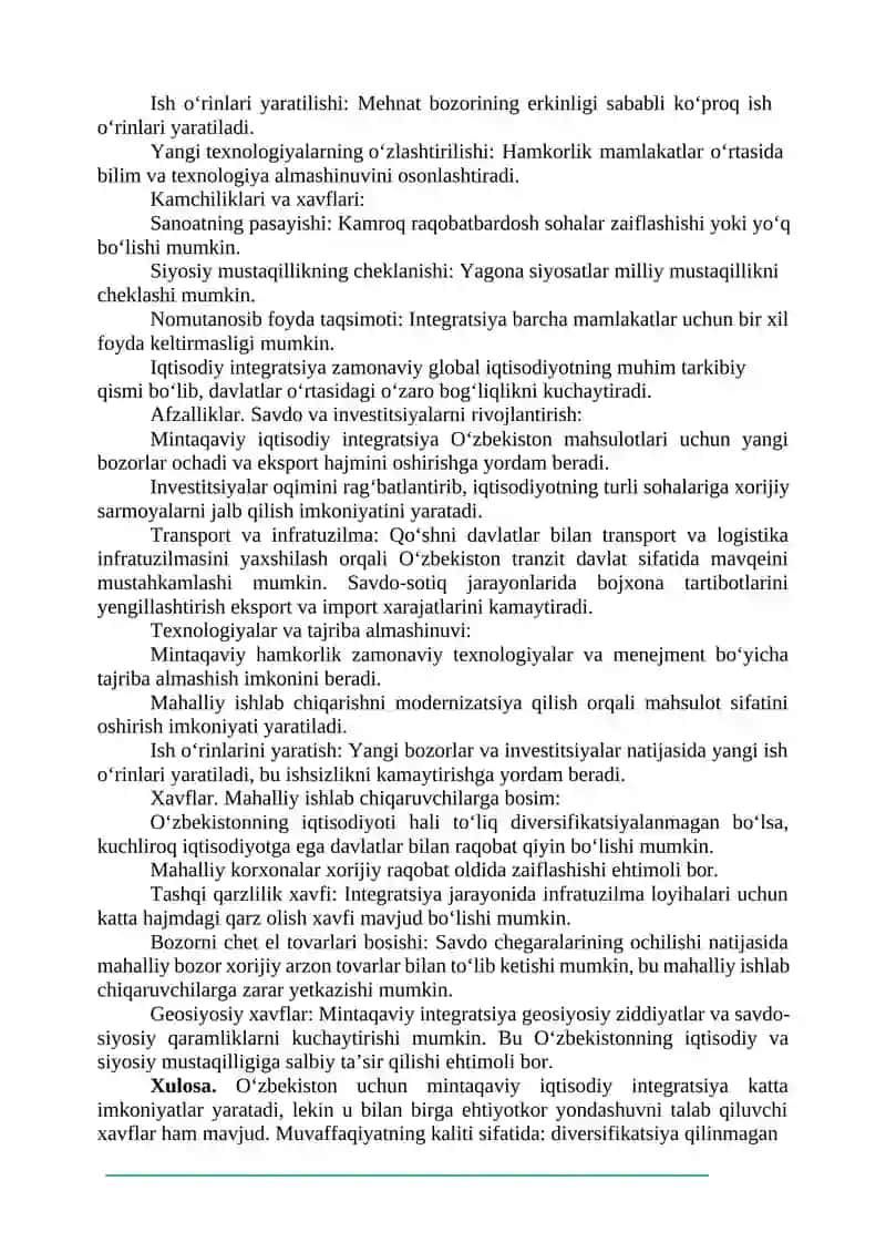 O‘zbekiston va mintaqaviy iqtisodiyot mavzusi 4