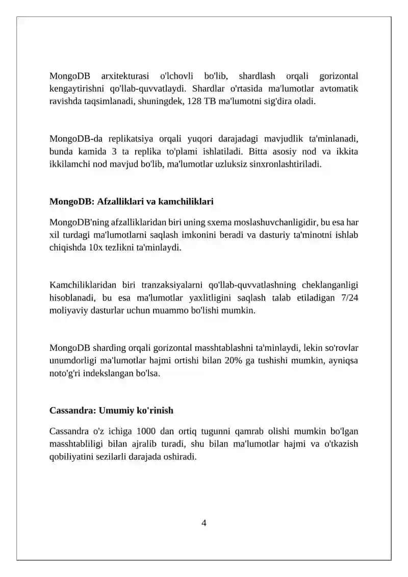 NoSQL ma'lumot bazalari:MangoDB va Cassandra 4