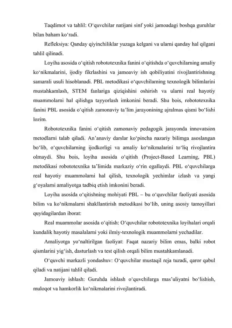 ROBOTOTEXNIKA FANINI O‘QITISHDA LOYIHA ASOSIDA O‘QITISH (PROJECT-BASED LEARNING) 4