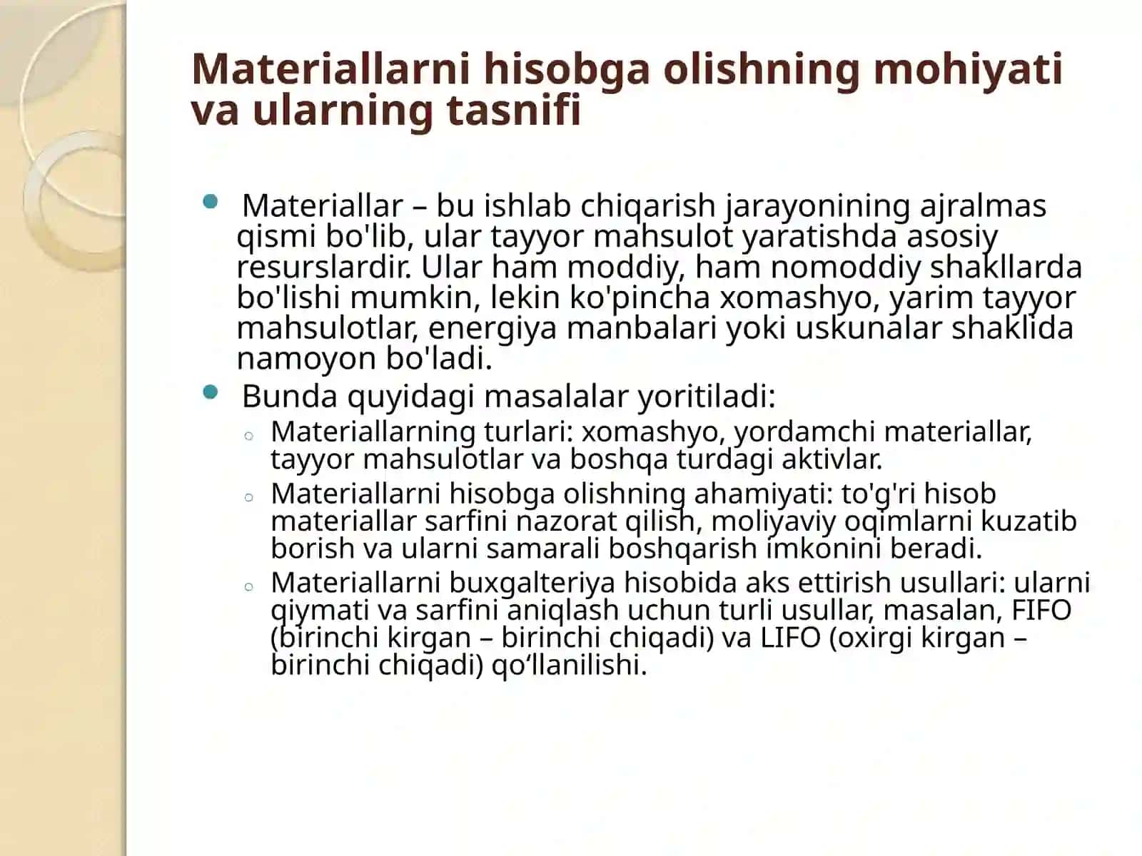 Materiallarni hisobga olishning o’ziga xos xususiyatlari 4