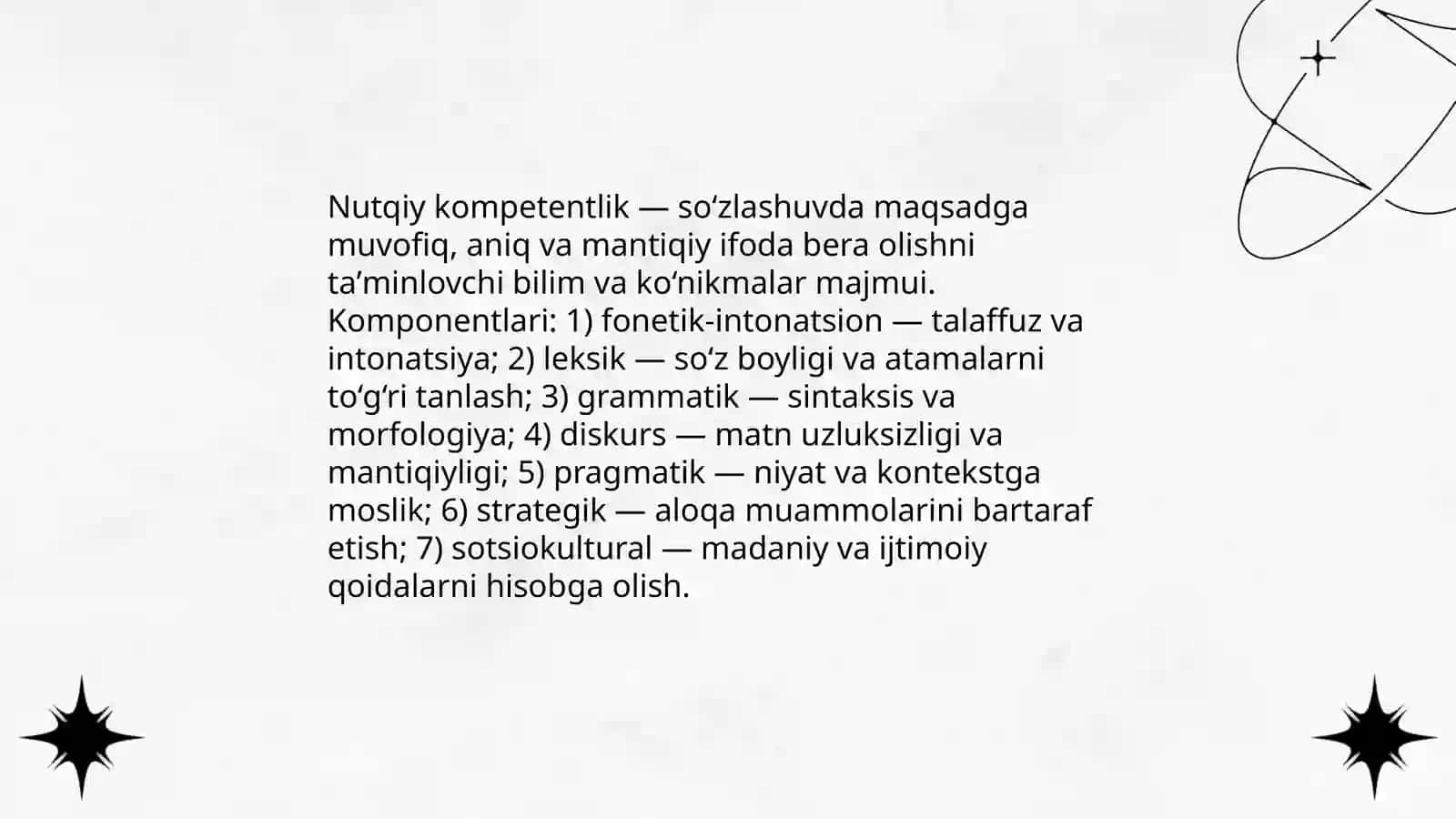 So‘zlashuv nutq usłubi. Nuqiy kompetentlikka rioya qilish. Sohaga oid ilmiy mavzuning og‘zaki taqdimoti 4