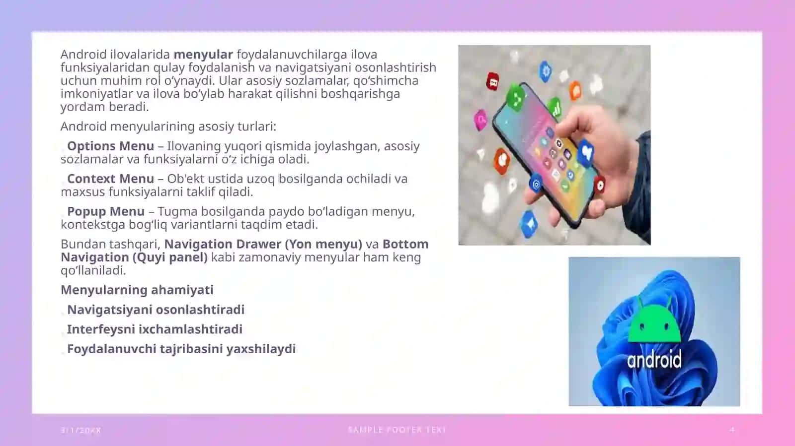Android ilovalarini ishlab chiqish kontekstida menyular 4