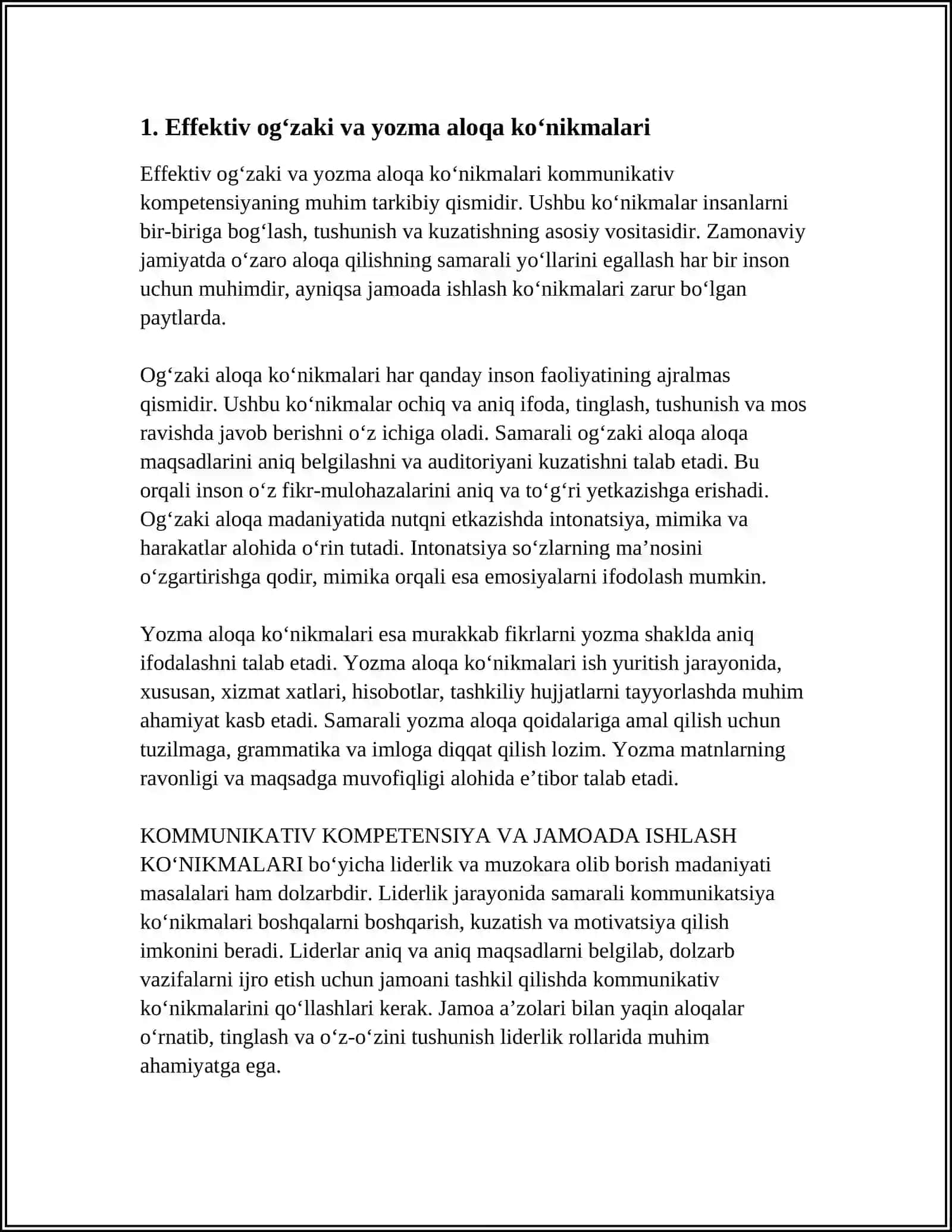 KOMMUNIKATIV KOMPETENSIYA VA JAMOADA ISHLASH KO‘NIKMALARI (LIDERLIK, MUZOKARA OLIB BORISH MADANIYATI) 4