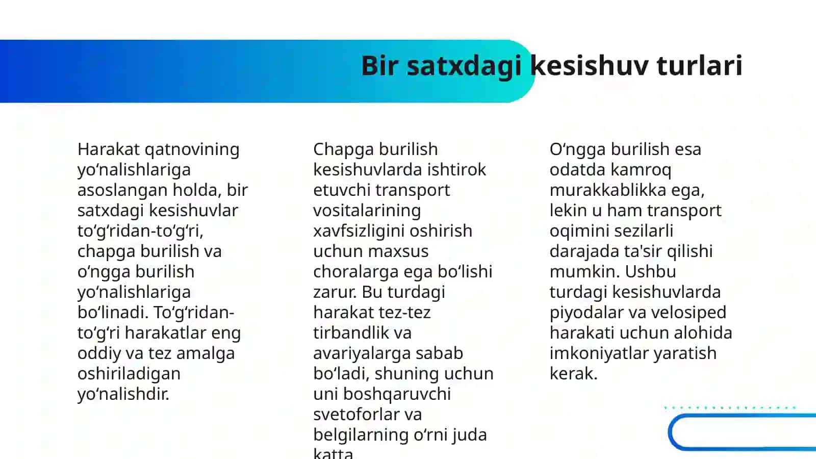 AVTOMOBIL YO‘LLARINING BIR VA HAR XIL SATXLARDA KESISHUVLARI 4