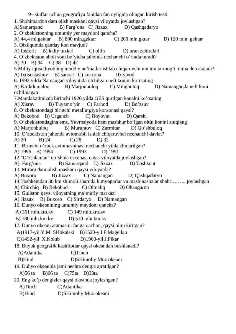 Geografiya fanidan kirish testi 4