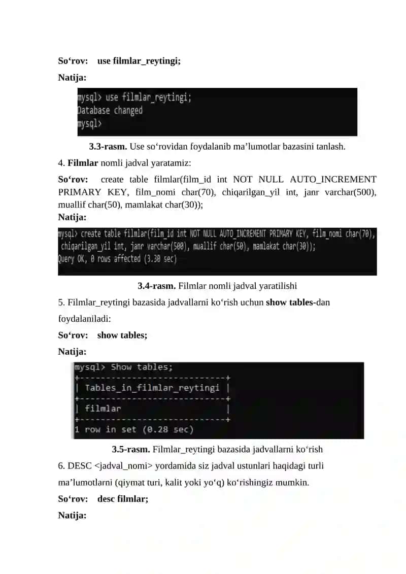 SQL tilida jadvallar yaratish, o‘zgartirish va o‘chirish 4