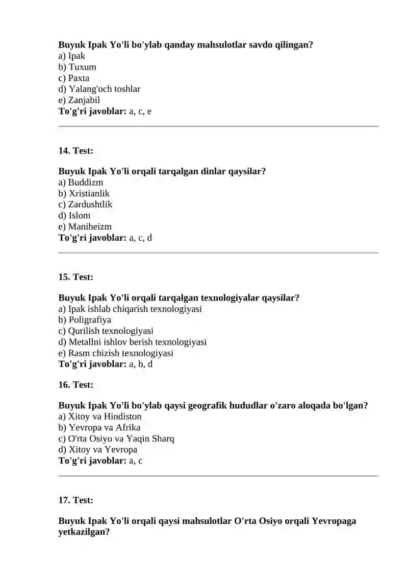 Buyuk Ipak Yo'li test savollari . javobi bilan 4