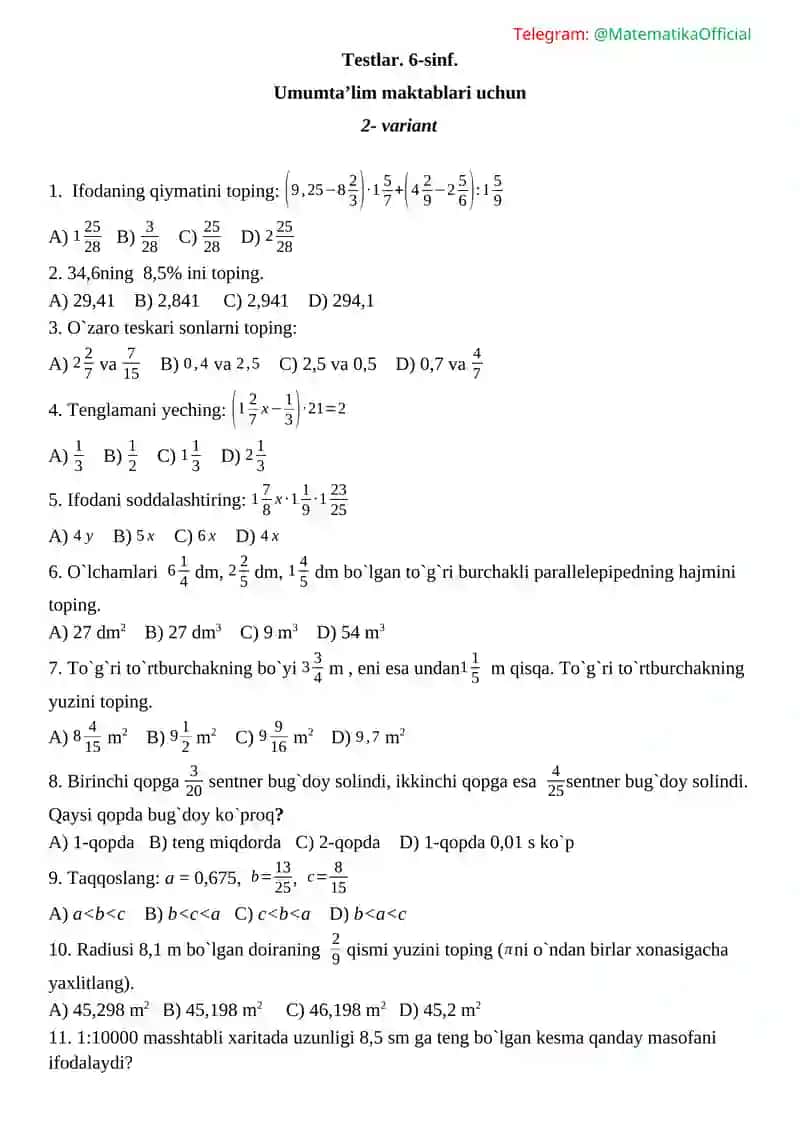 Testlar. 6-sinf. Umumta'lim maktablari uchun 4