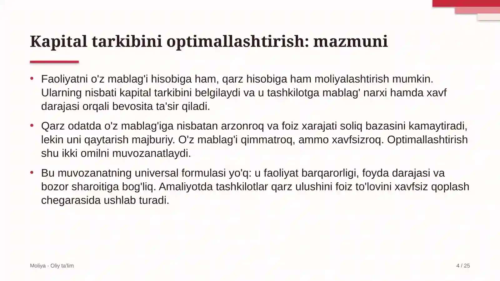 Ko'kalamzorlashtirish xizmatida kapital tarkibini optimallashtirish 4
