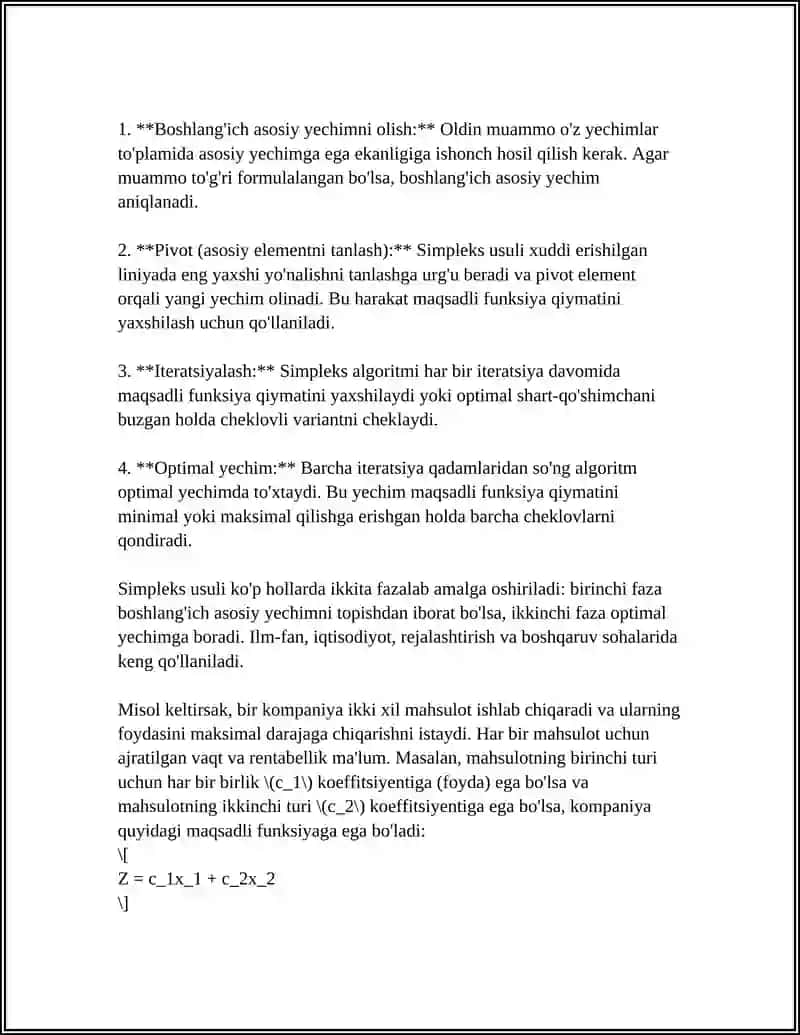 CHIZIQLI DASTURLASH MASALASINI SIMPLEKS USULDA YECHISH 4