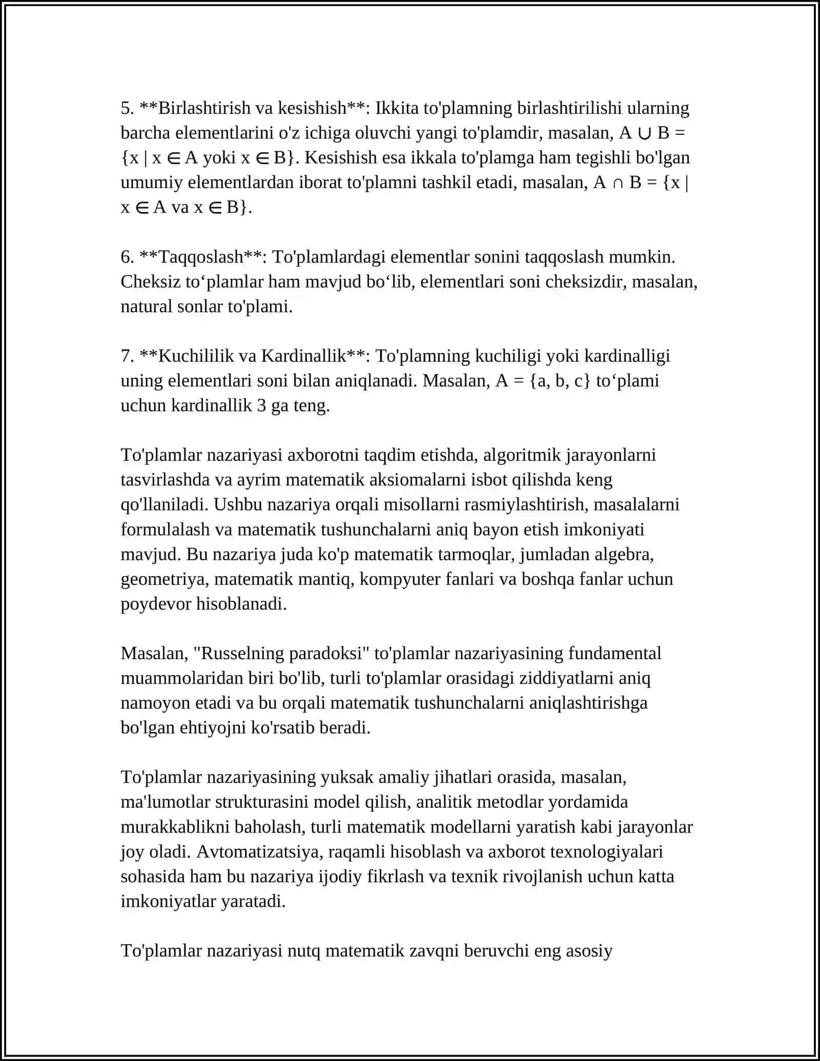 TO'PLAMLAR.TO'PLAMLAR USTIDA AMALLAR.EYLER-VENN DIAGRAMMALARI.DEKART KOPAYTMASI 4