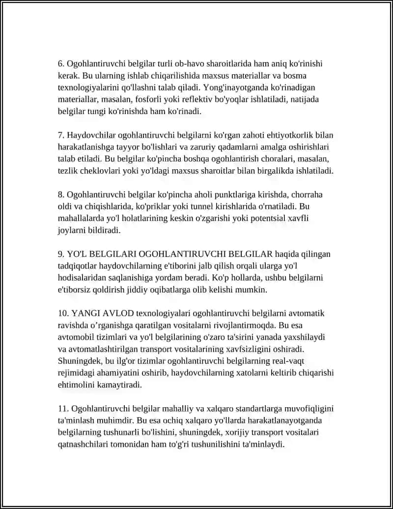 Yoʻl Belgilari Ogohlantiruvchi Belgilar 4