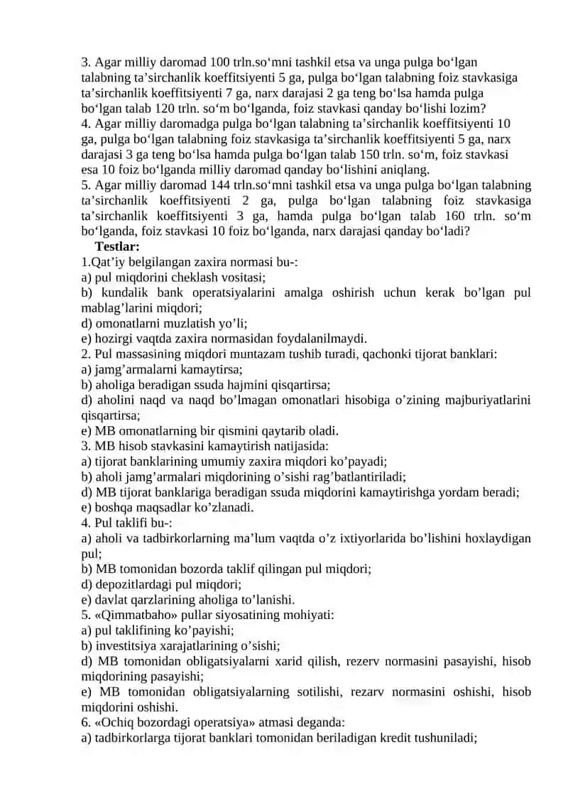 PUL VA QIMMATLI QOG‛OZLAR BOZORI. PUL-KREDIT TIZIMI 4