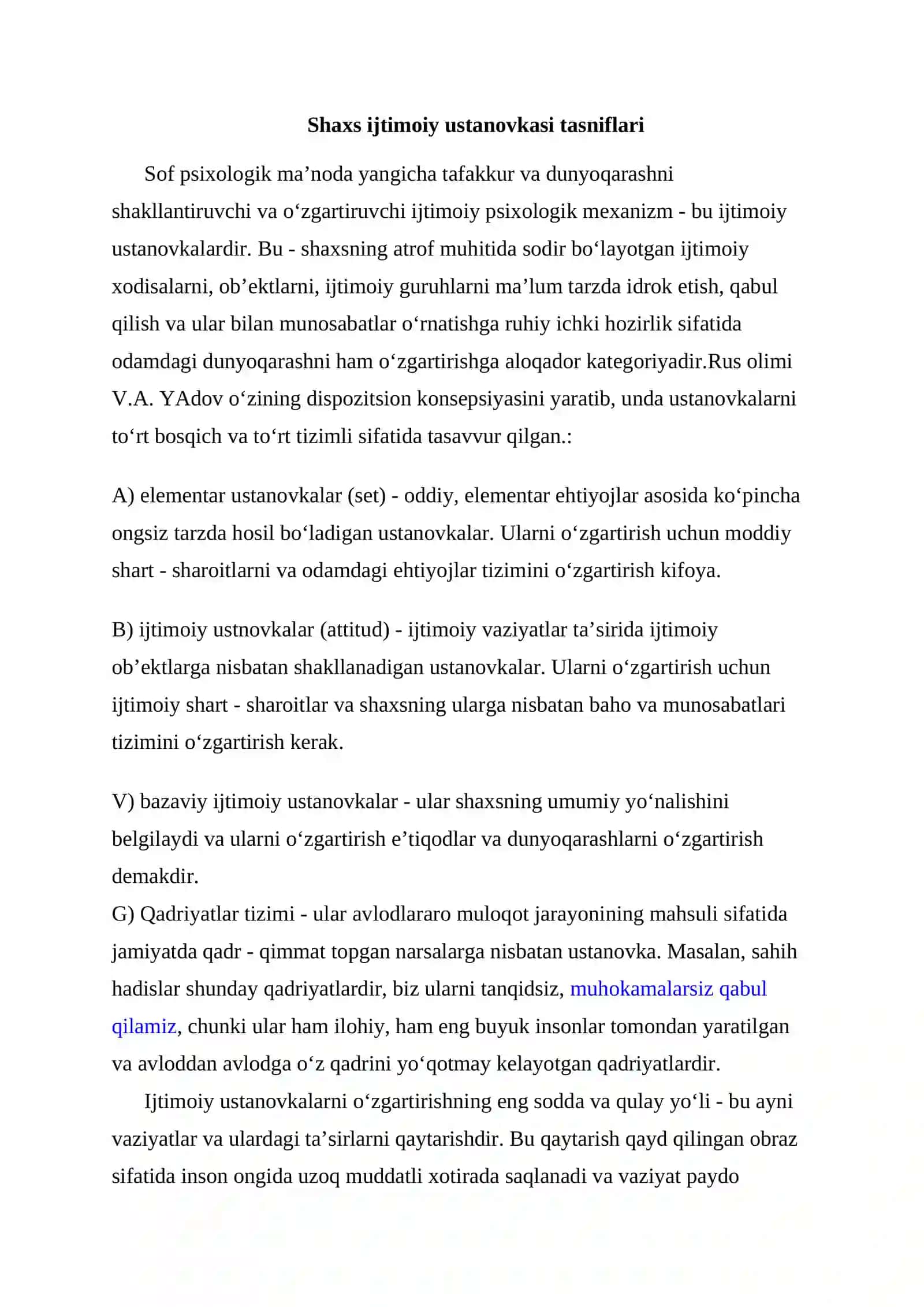 SHAXSNING USTANOVKASI, E’TIQODI VA DUNYOQARASHI 4