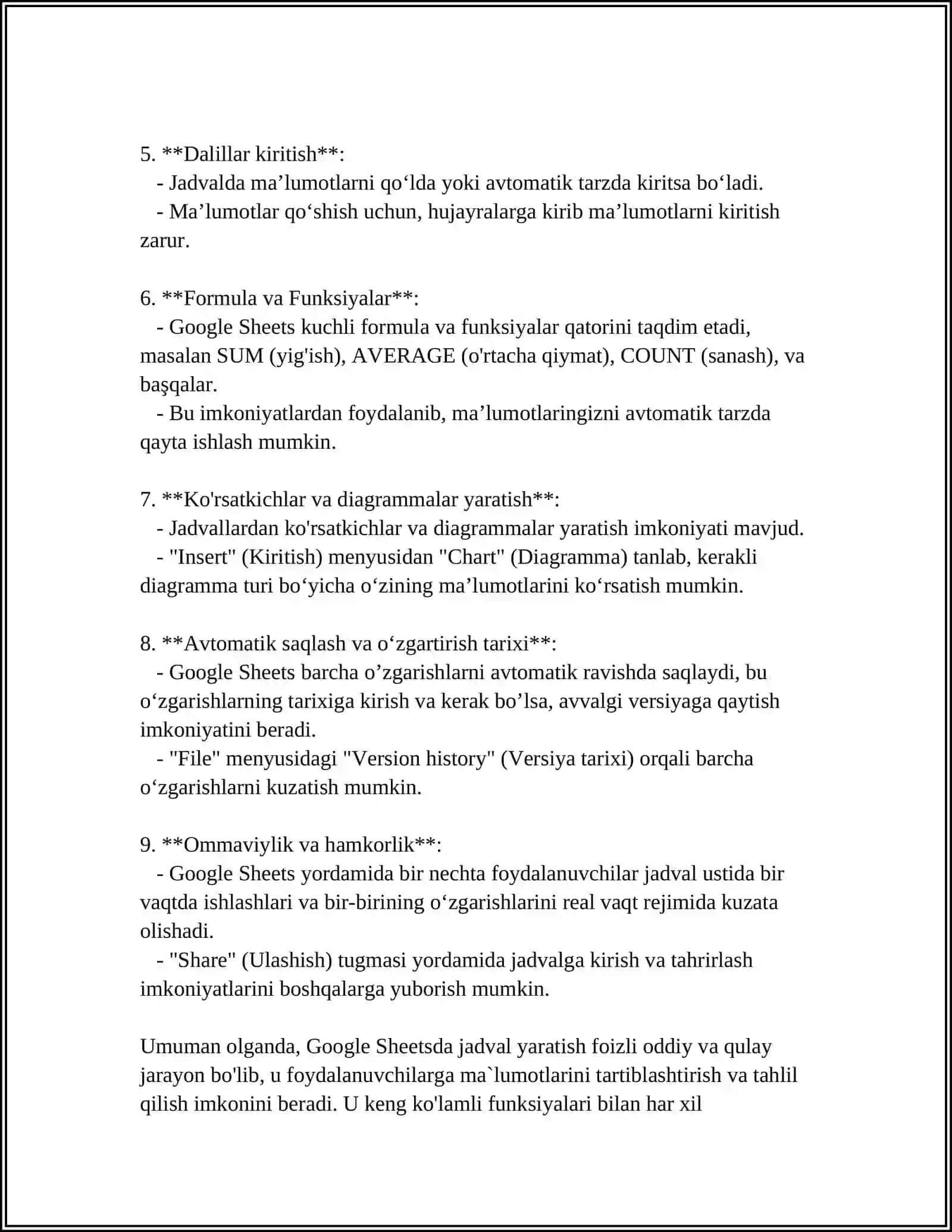 GOOGLE SHEETSDA JADVALLAR YARATISH 4