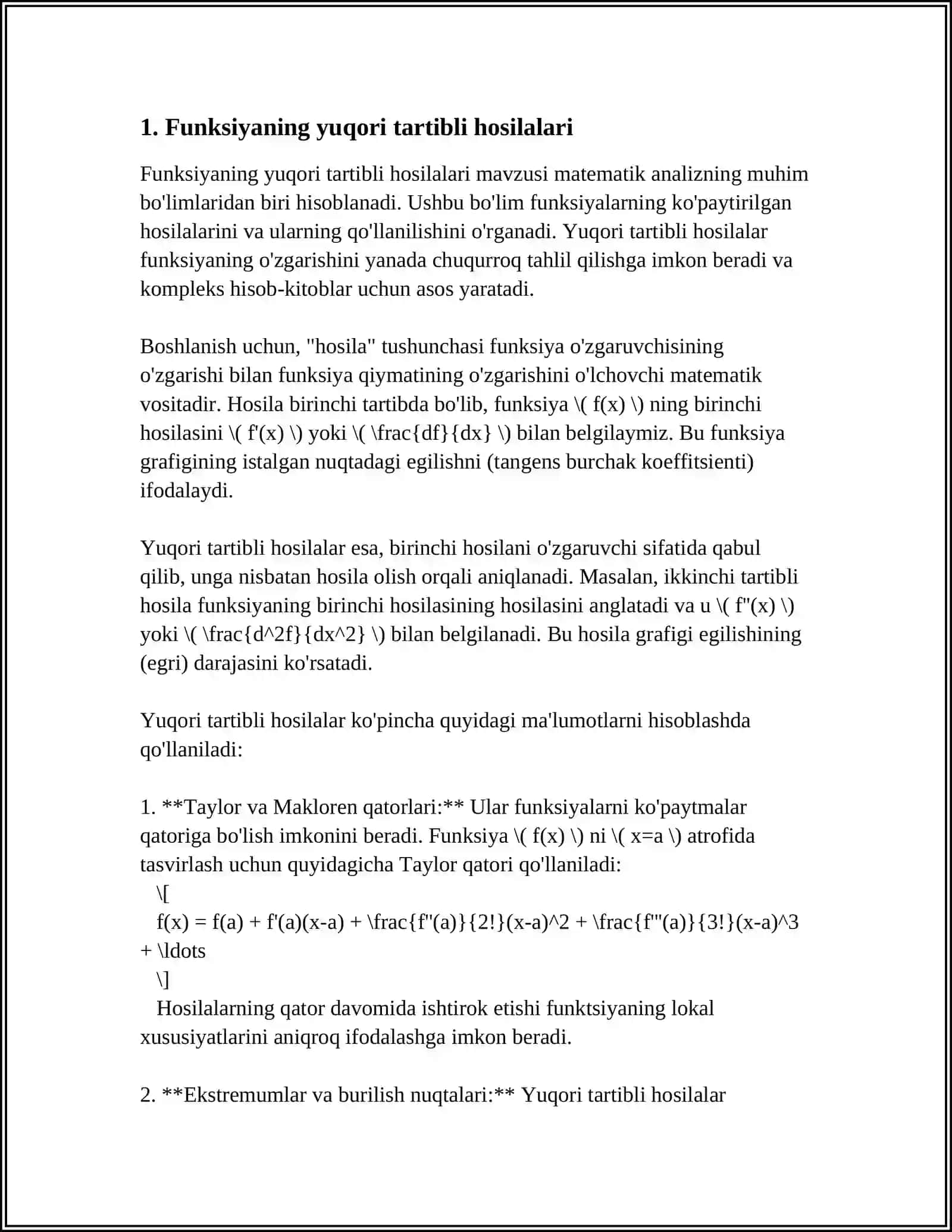FUNKSIYANING YUQORI TARTIBLI HOSILA VA DIFFERENTSIALLARI 4