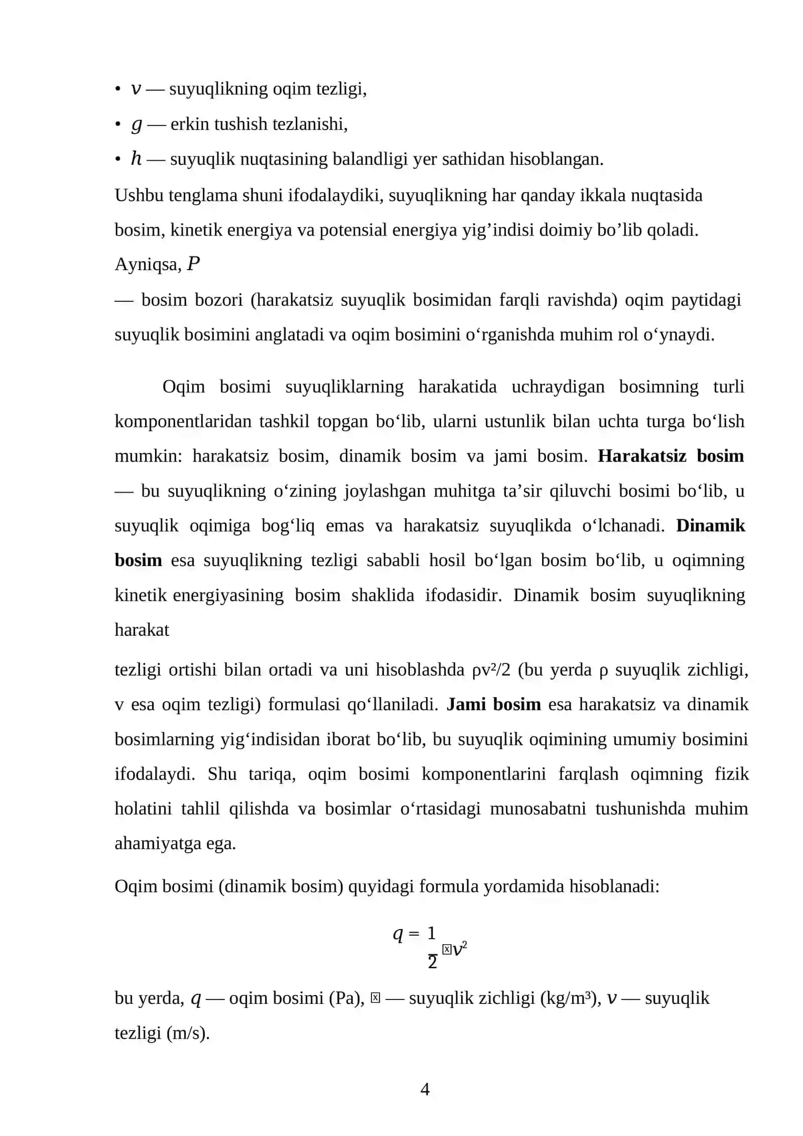 Oqim bosimi va harakatsiz suyuqlik bosimi 4