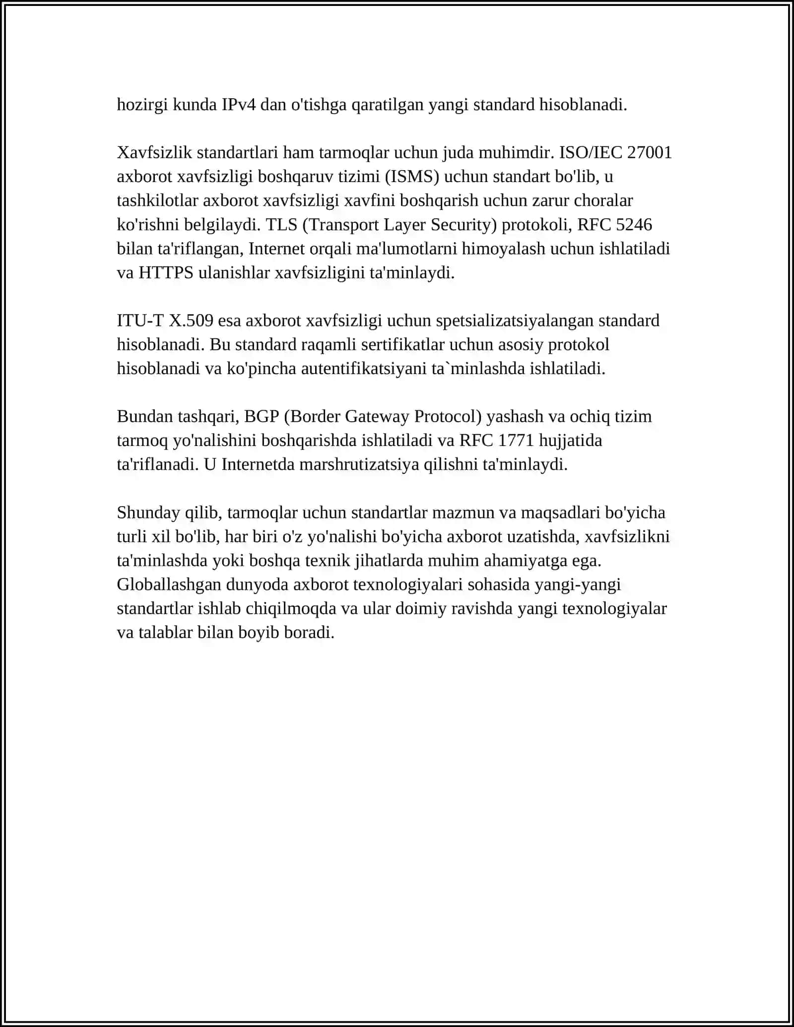 TARMOQ STANDARTLARI, PROTOKOLLARI VA XIZMATLARI. INTERNET TARMOGʻIGA BOGʻLANISH USULLARI. WEB-SERVIS XIZMATLARI 4