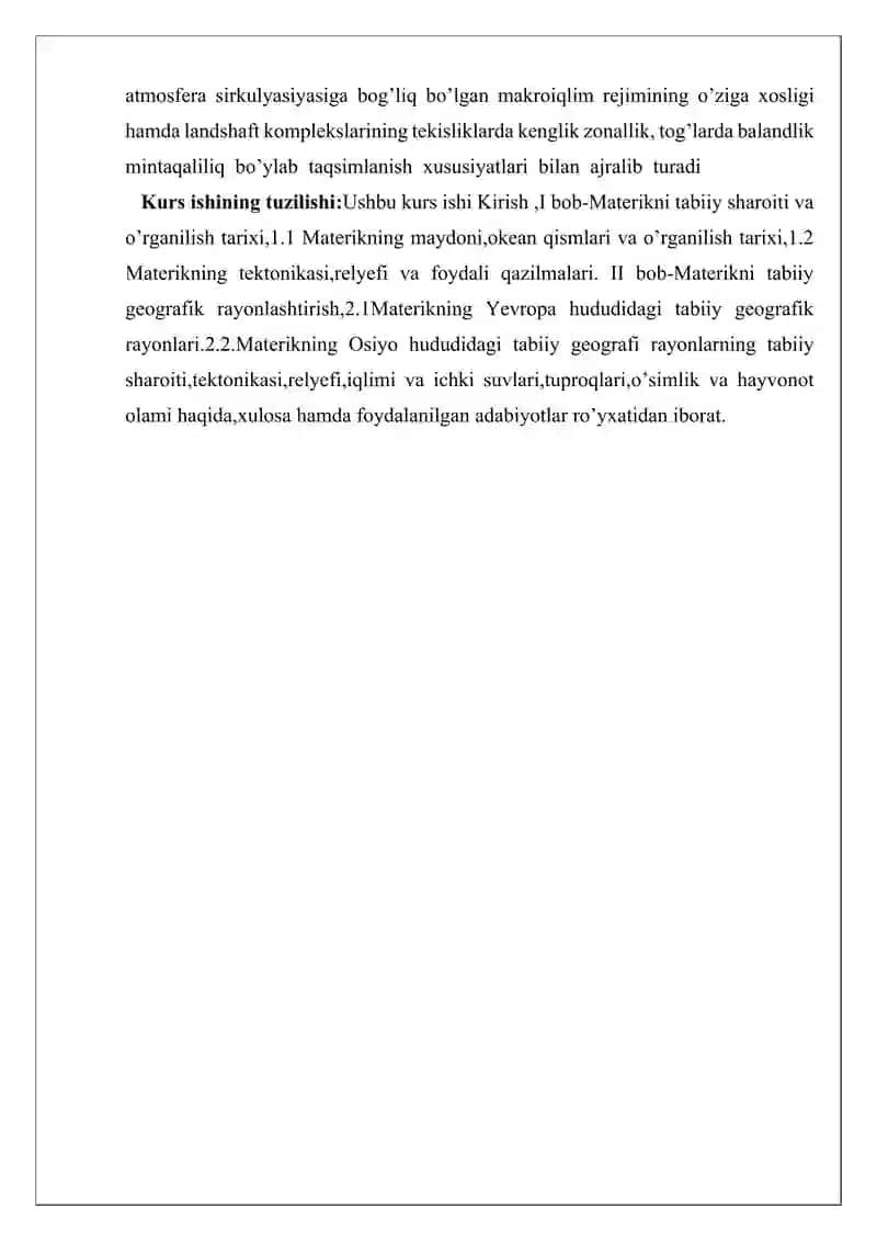 Yevrosiyo materigining tabiiy geografik rayonlashtirish .Kurs ishi 4