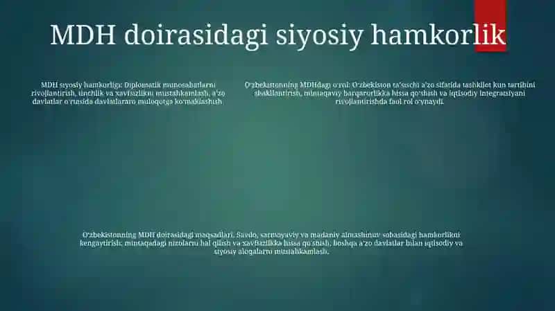 O’zbekistonning MDH Dagi O‘Rni 4
