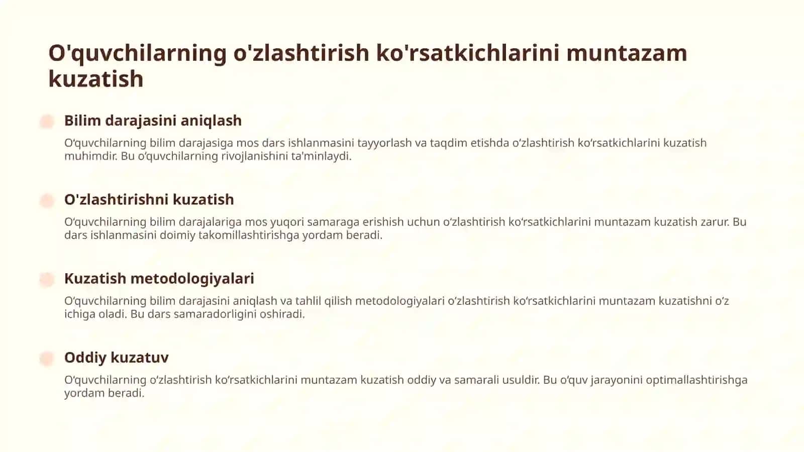 O'quvchilar bilim darajasiga mos dars ishlanmasini tayyorlash va taqdim etish 4