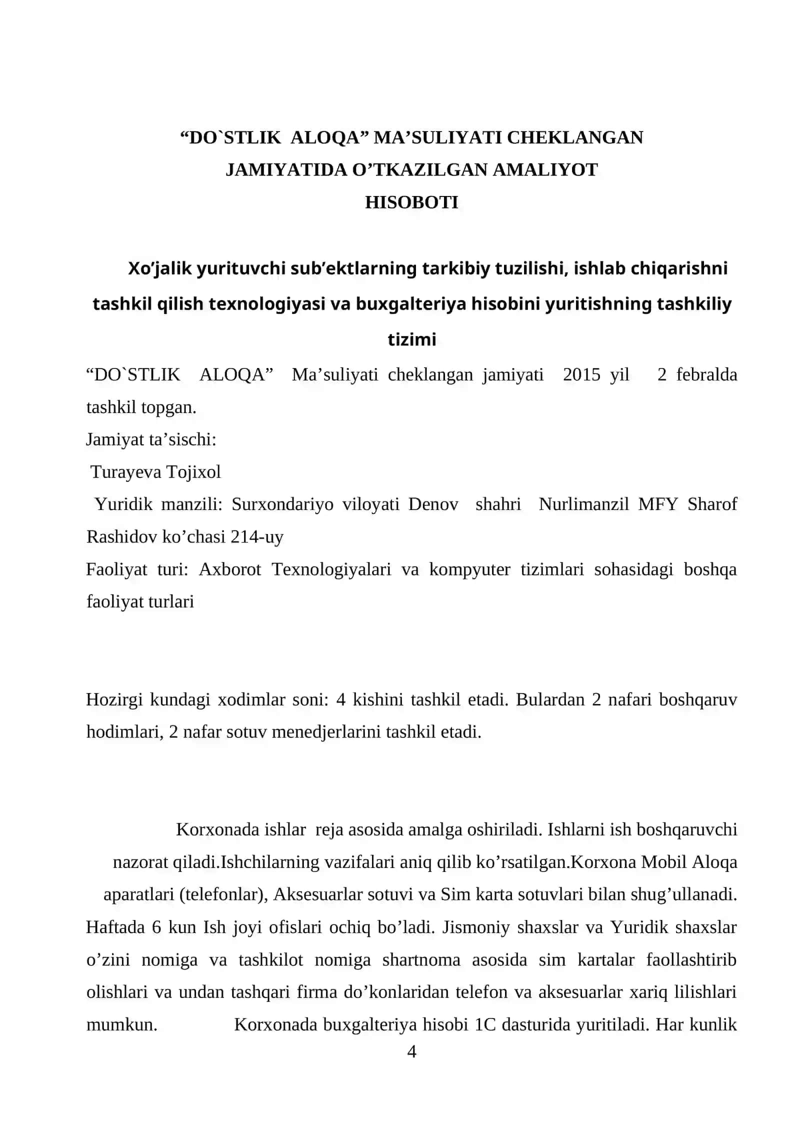 “DO`STLIK  ALOQA”MCHJ Denov HISOBOTI 4
