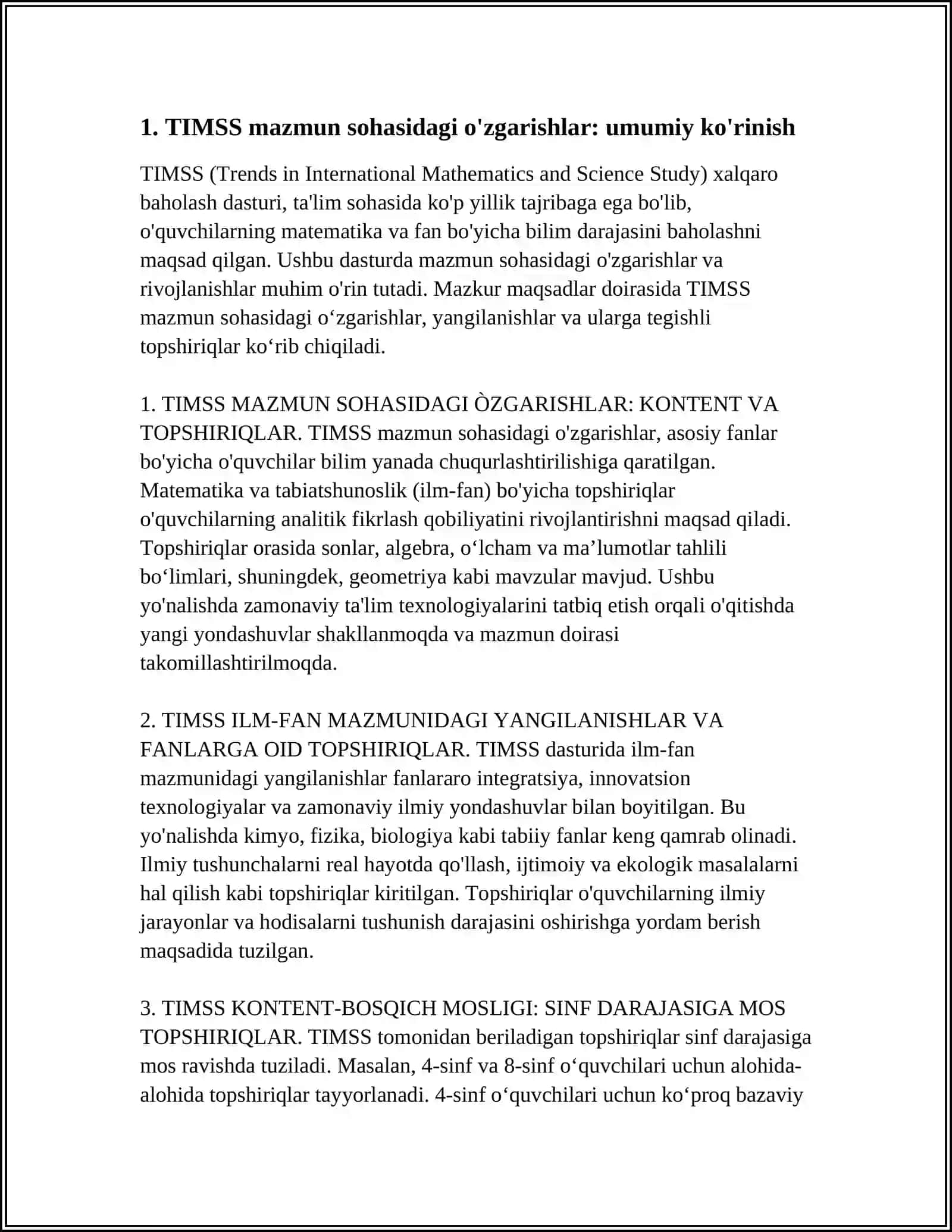 TIMSS XALQARO BAHOLASH DASTURI ÓZGARISH VA BOĢLANISHLAR MAZMUN SOHASIGA OID TOPSHIRIQLAR 4