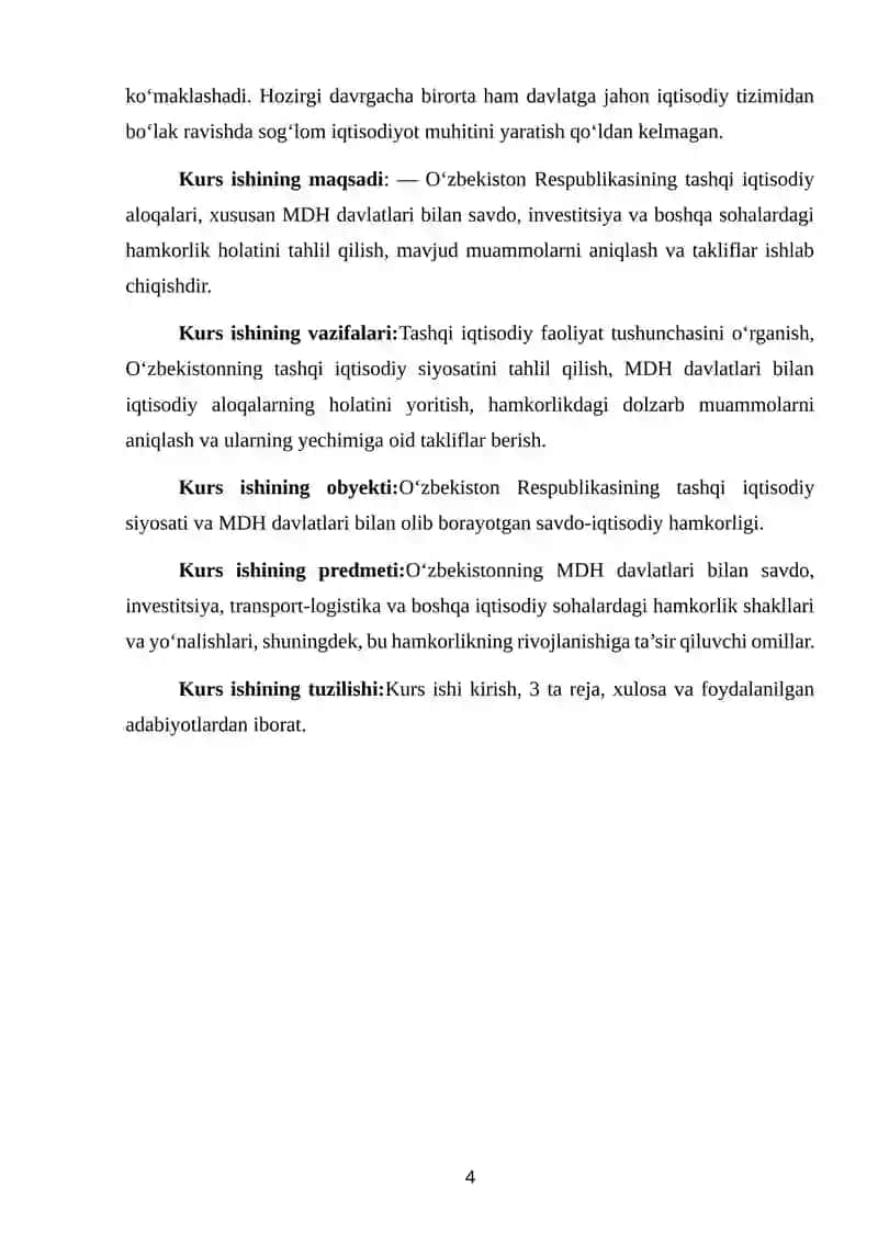 O‘zbekiston Respublikasining tashqi iqtisodiy aloqalari va MDH davlatlari bilan iqtisodiy hamkorligi 4