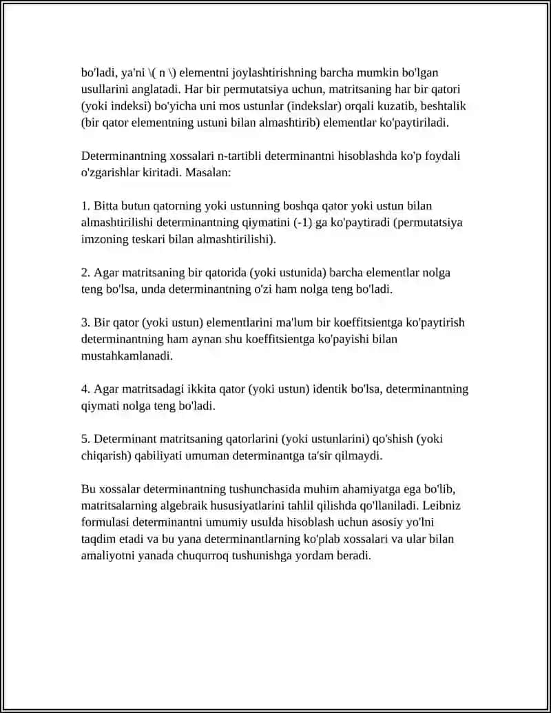 N-TARTIB DETERMINANTNING ASOSIY XOSSALARI 4