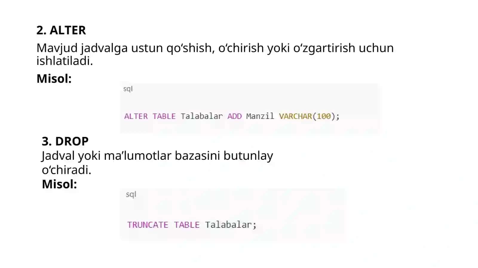 Amaliy mashg’ulot – 2SQL va DDL buyruqlari bilan ishlash 4