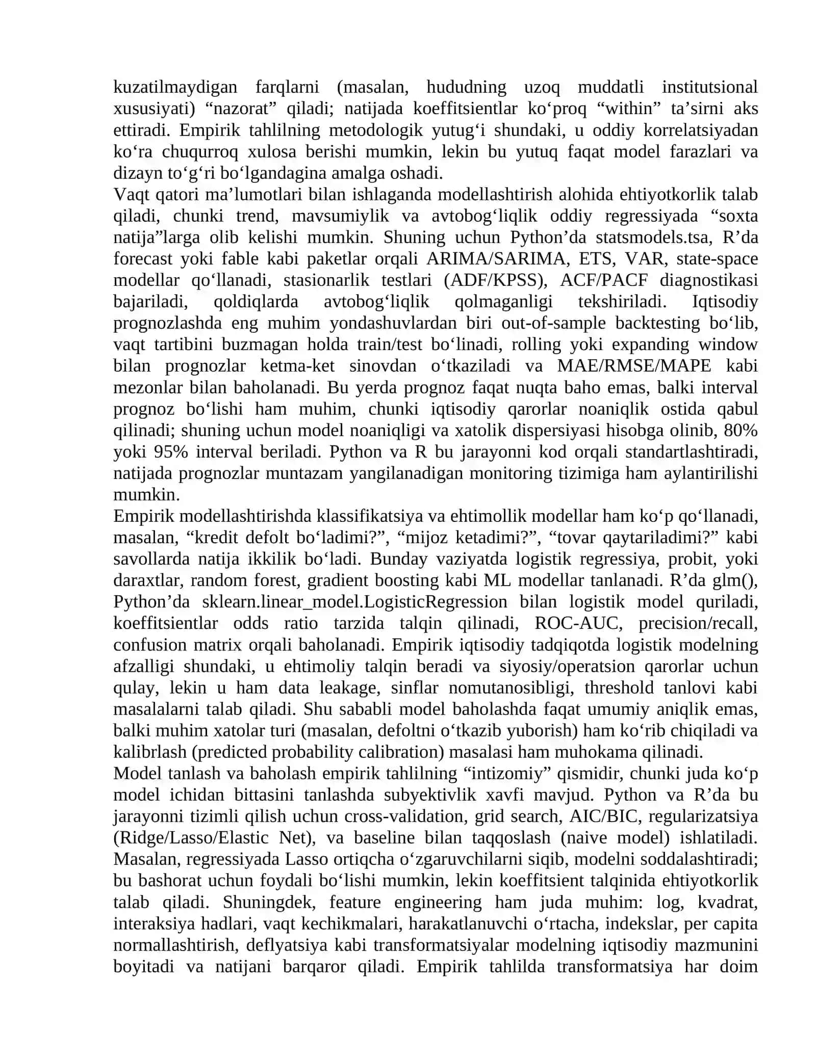 Empirik tahlil: Python (yoki R) dasturida ma’lumotlarni modellashtirish 4