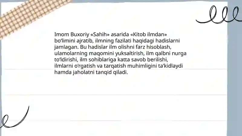 Imom Buxoriy ilm-ma'rifat haqidagi hadislarining axloqiy qarashlari 4