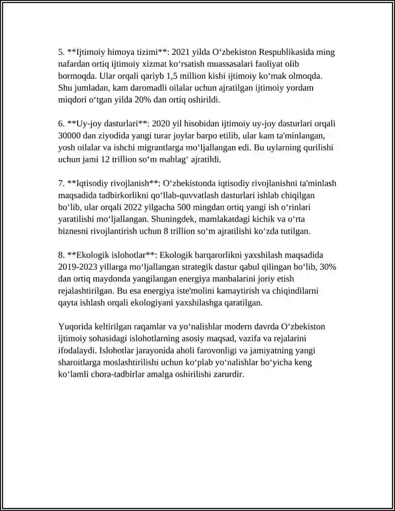 OʻZBEKISTONDA IJTIMOIY SOHADA AMALGA OSHIRILAYOTGAN OʻZGARISHLAR MAZMUN VA MOHIYATI 4