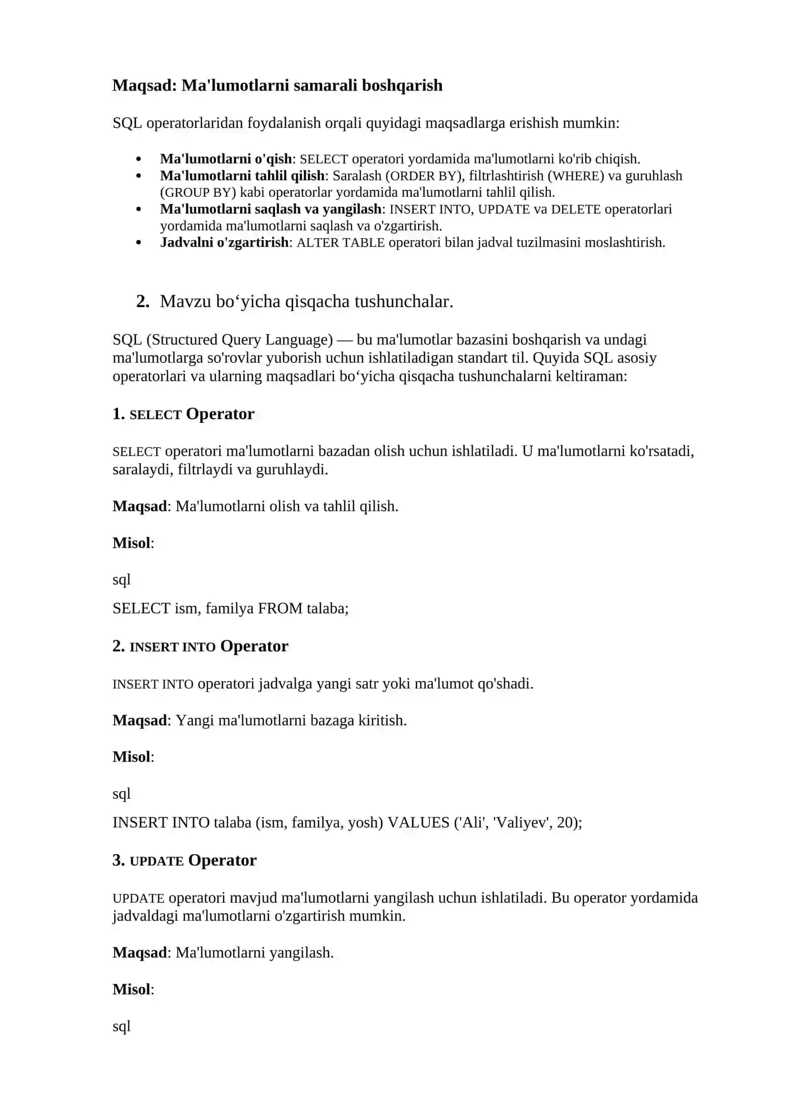 SQL tilining asosiy operatorlaridan foydalanib so‘rovlar yaratish 4