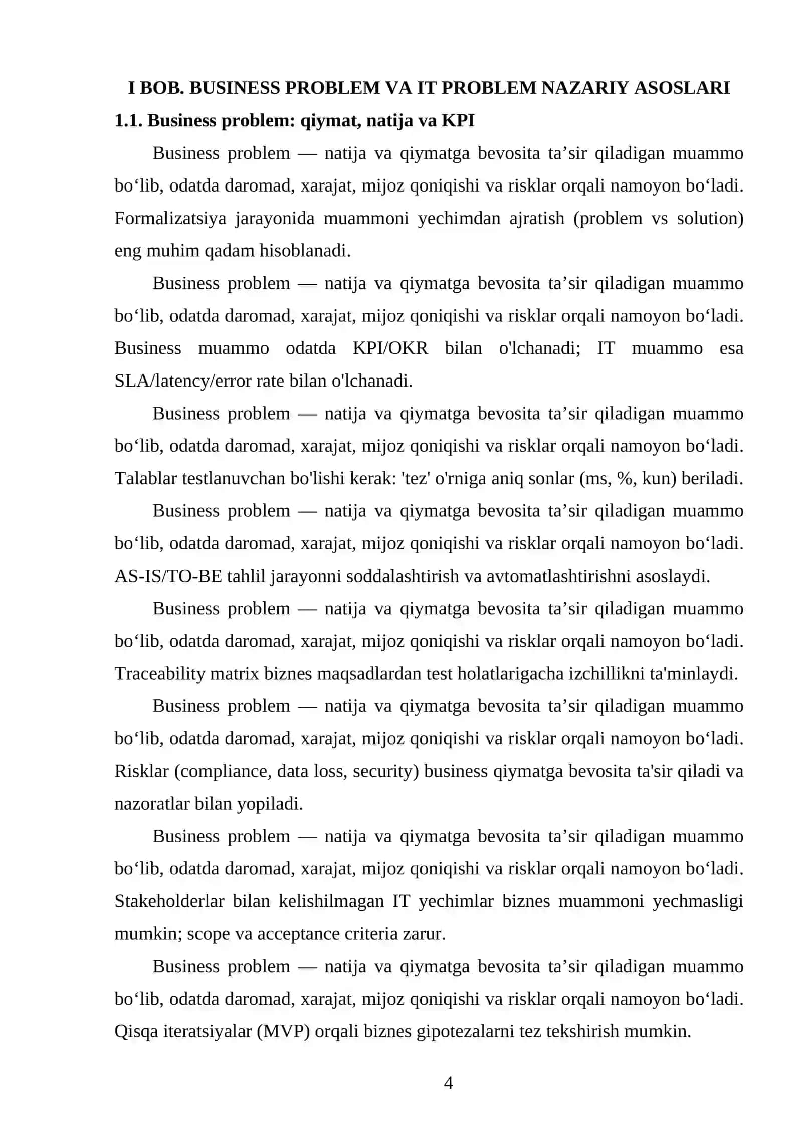BOB. BUSINESS PROBLEM VA IT PROBLEM NAZARIY ASOSLARI 4