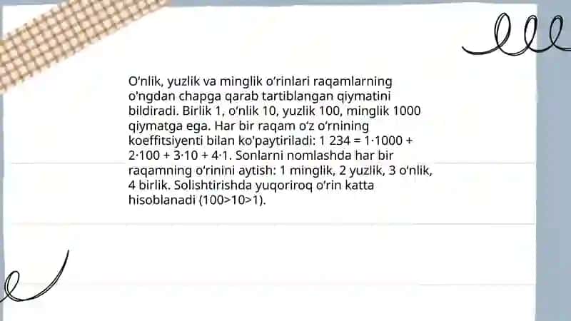 4-sinflarda 10 100 1000 sonlarini nomerlashga oʻrgatish 4